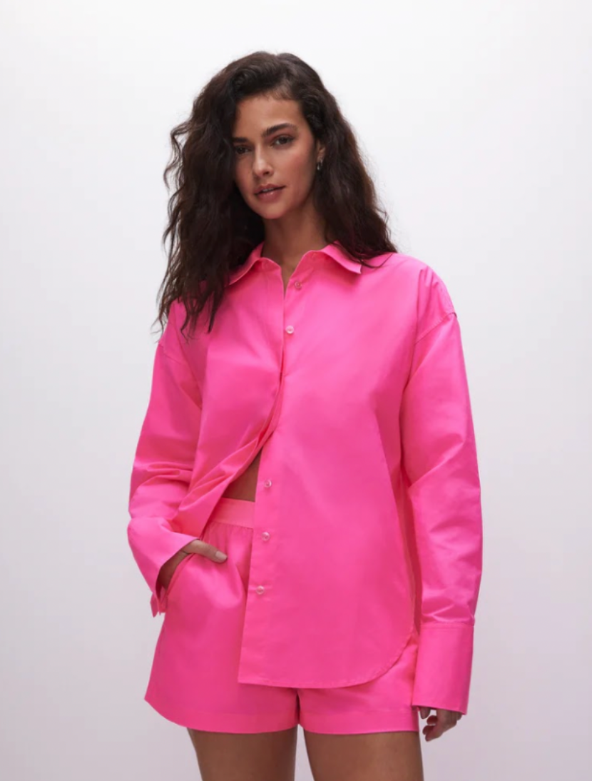 Coated Poplin Weekend Shirt Pink, Long Blouse by Good American | LIT Boutique