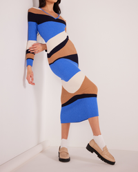 Thumbnail for Edras Intarsia Knit Midi Dress Brown Blue Multi, Midi Dress by MinkPink | LIT Boutique