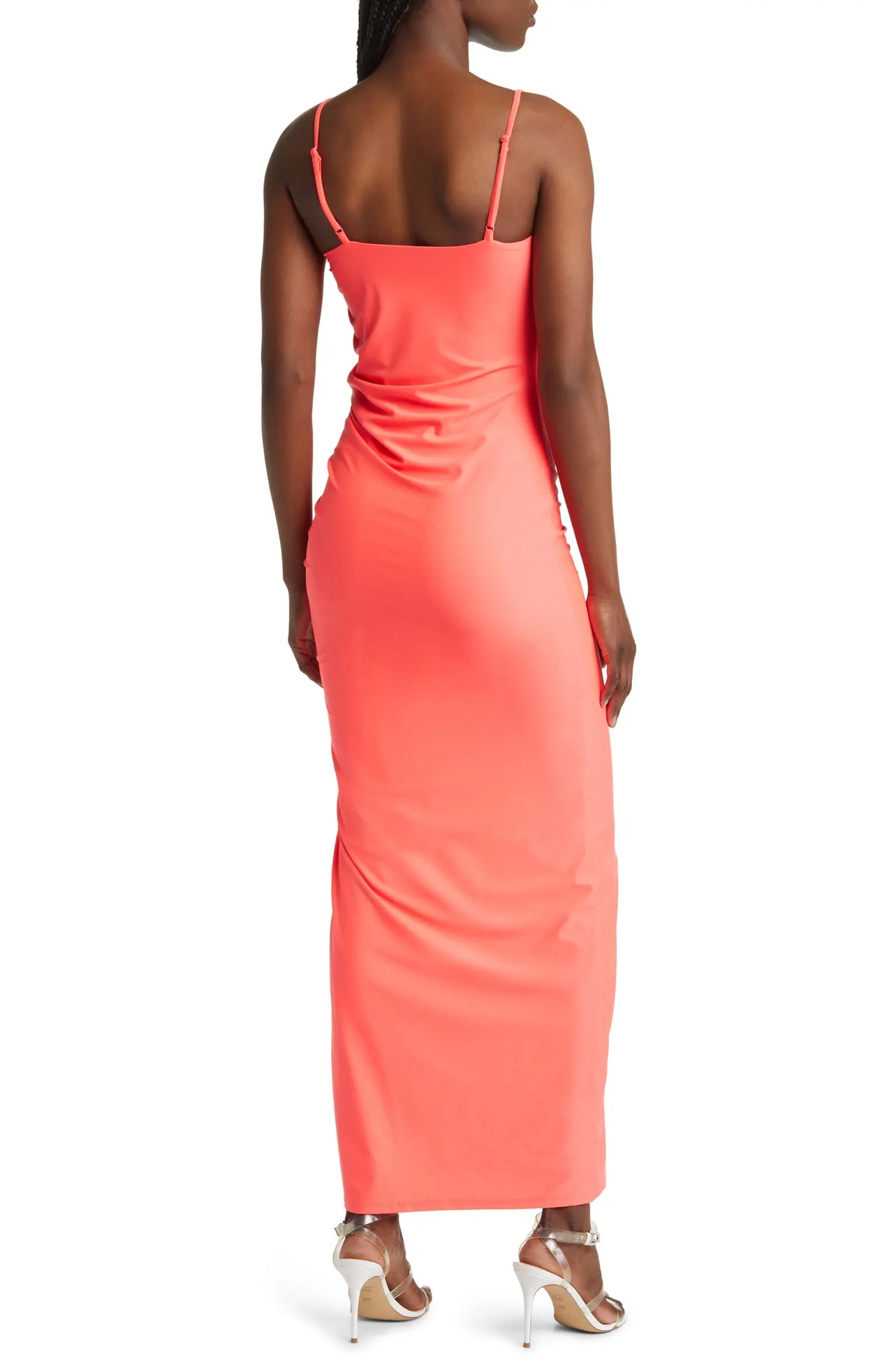 Satin Ruched Slip Maxi Dress Coral, Maxi Dress by Good American | LIT Boutique