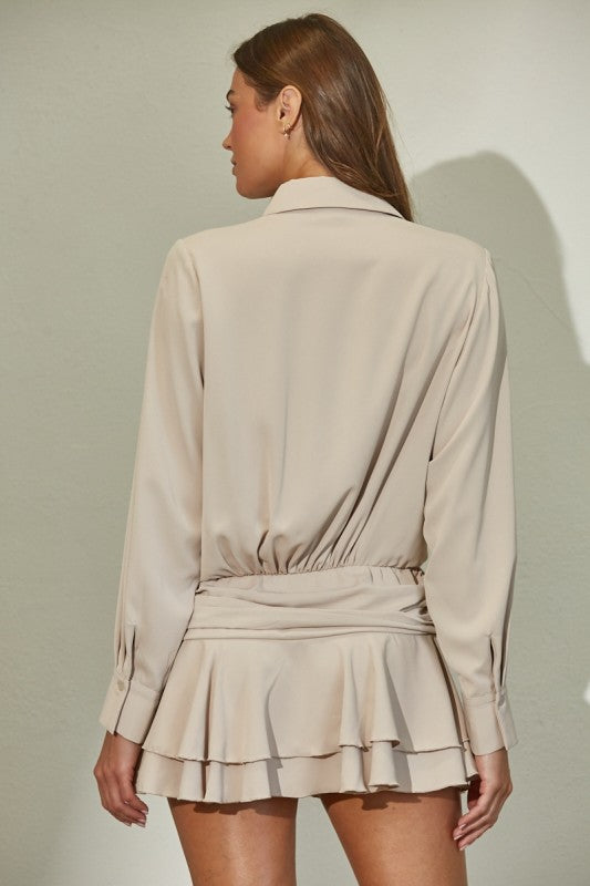 Tiered Ruffle Hem Flowy Woven Shirt Dress Beige, Mini Dress by Edit By Nine | LIT Boutique