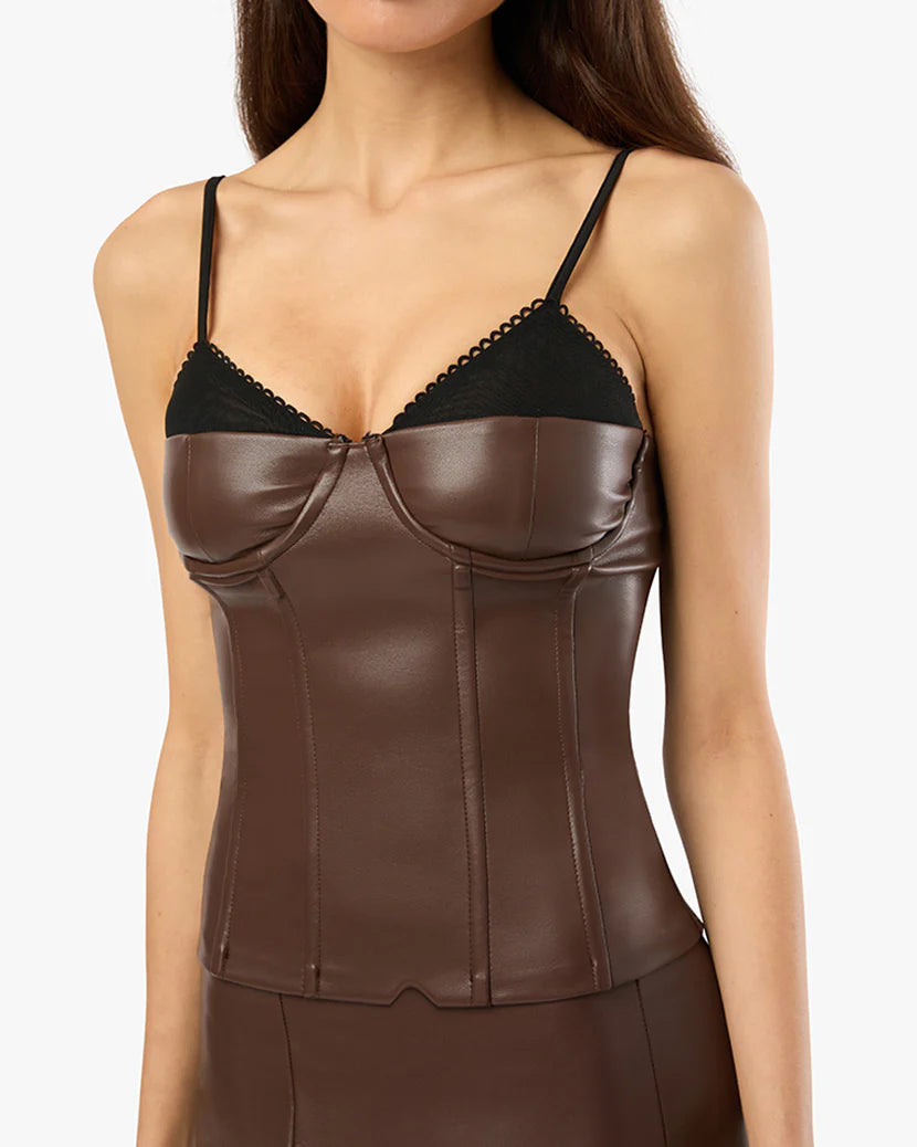 Corset Vegan Leather Top Brown, Tank Blouse by We Wore What | LIT Boutique