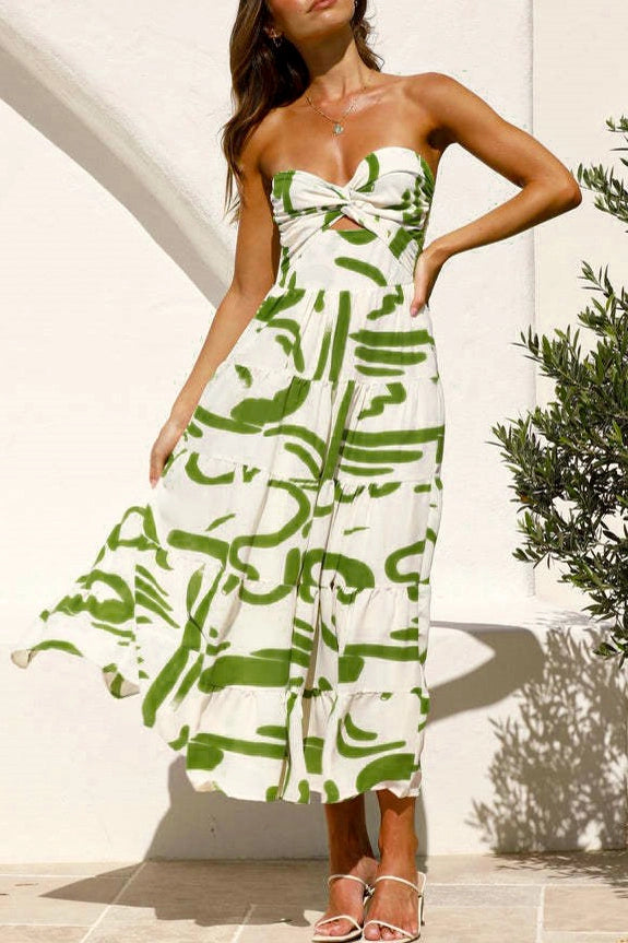 Abstract Twist Front Strapless Maxi Dress Green Multi, Maxi Dress by Rosa Clothing | LIT Boutique