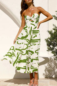 Thumbnail for Abstract Twist Front Strapless Maxi Dress Green Multi, Maxi Dress by Rosa Clothing | LIT Boutique