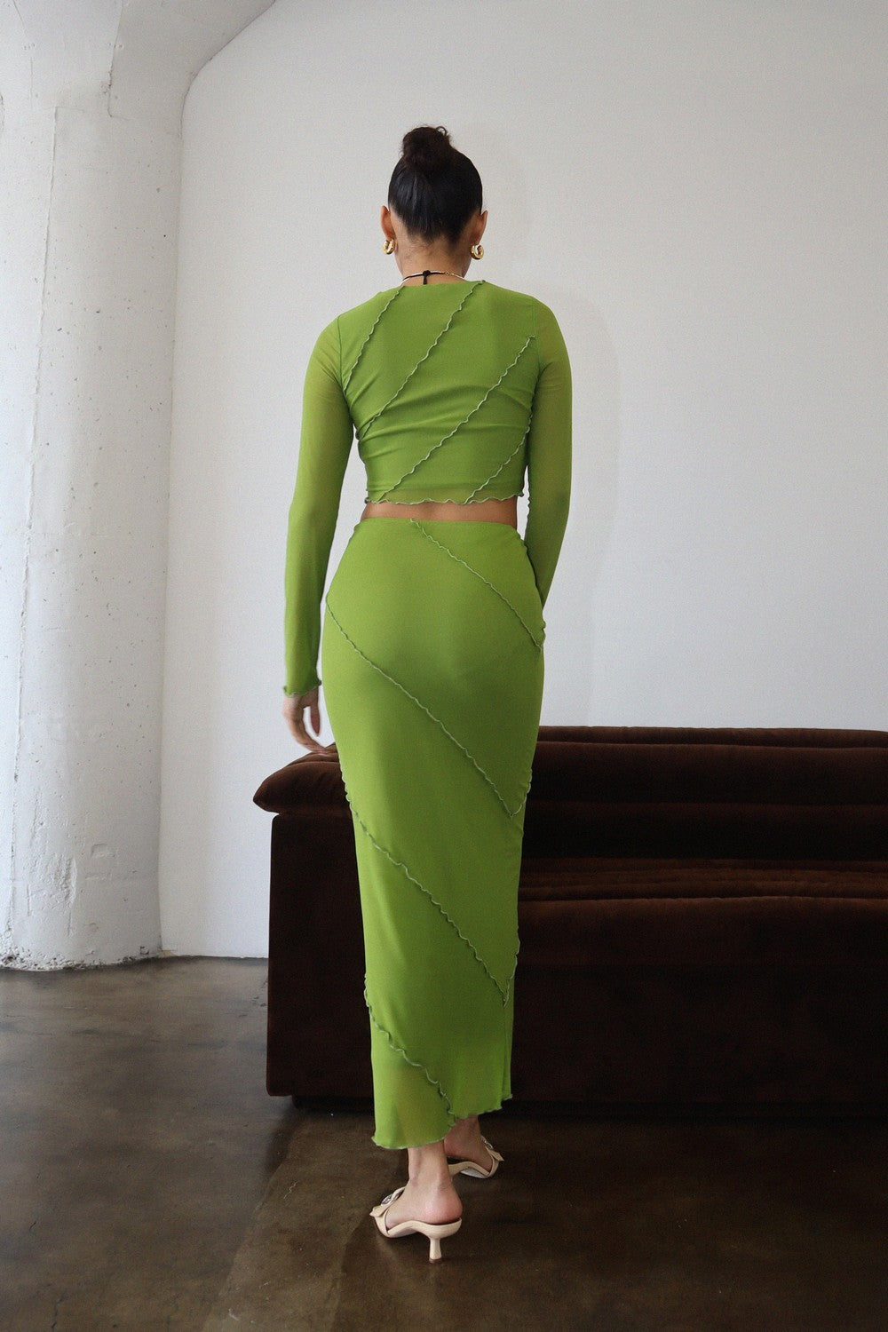 Taytum Lettuce Hem Mesh Long Skirt Avocado, Midi Skirt by Bailey Rose | LIT Boutique