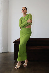 Thumbnail for Taytum Lettuce Hem Mesh Long Skirt Avocado, Midi Skirt by Bailey Rose | LIT Boutique