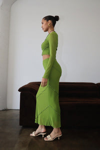 Thumbnail for Taytum Lettuce Hem Mesh Long Skirt Avocado, Midi Skirt by Bailey Rose | LIT Boutique