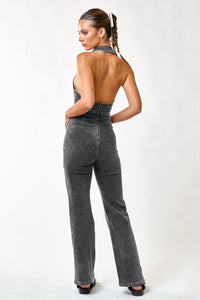 Thumbnail for Halter Neck Flare Denim Jumpsuit Washed Black, Jumpsuit by Blue Blush | LIT Boutique