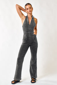 Thumbnail for Halter Neck Flare Denim Jumpsuit Washed Black, Jumpsuit by Blue Blush | LIT Boutique
