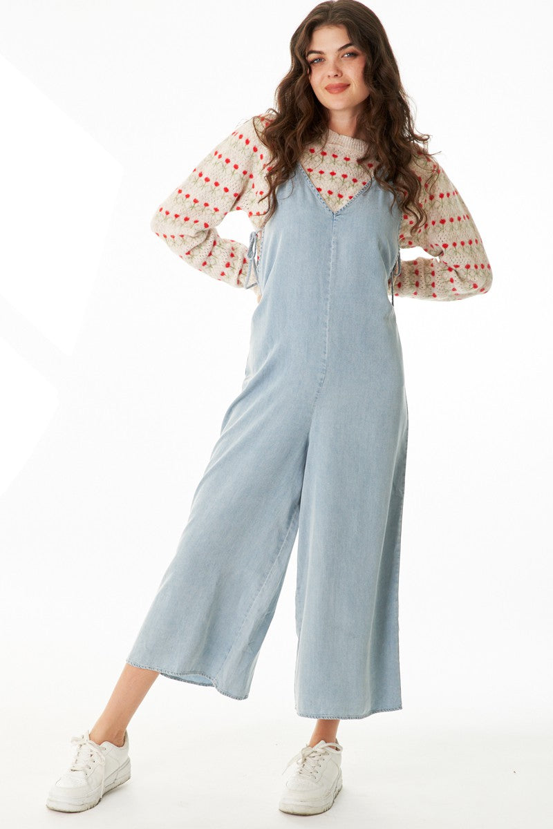 Wanderlust Wide Leg Denim Jumper, Jumpsuit Dress by En Creme | LIT Boutique