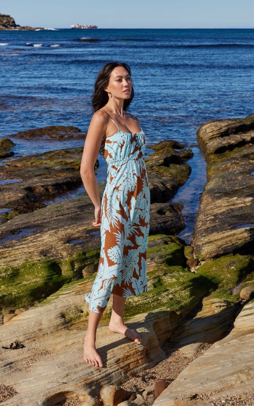 Tiki Sundress Blue Tropical, Midi Dress by Mink Pink | LIT Boutique