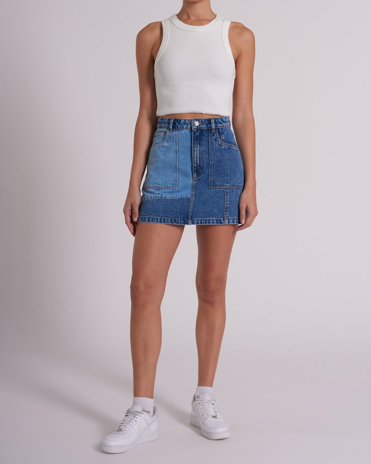 Aline Skirt Patchwork Denim, Mini Skirt by Abrand | LIT Boutique