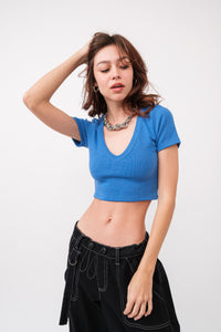 Thumbnail for Klein Crop V Top Blue, Short Tee by Signature 8 | LIT Boutique