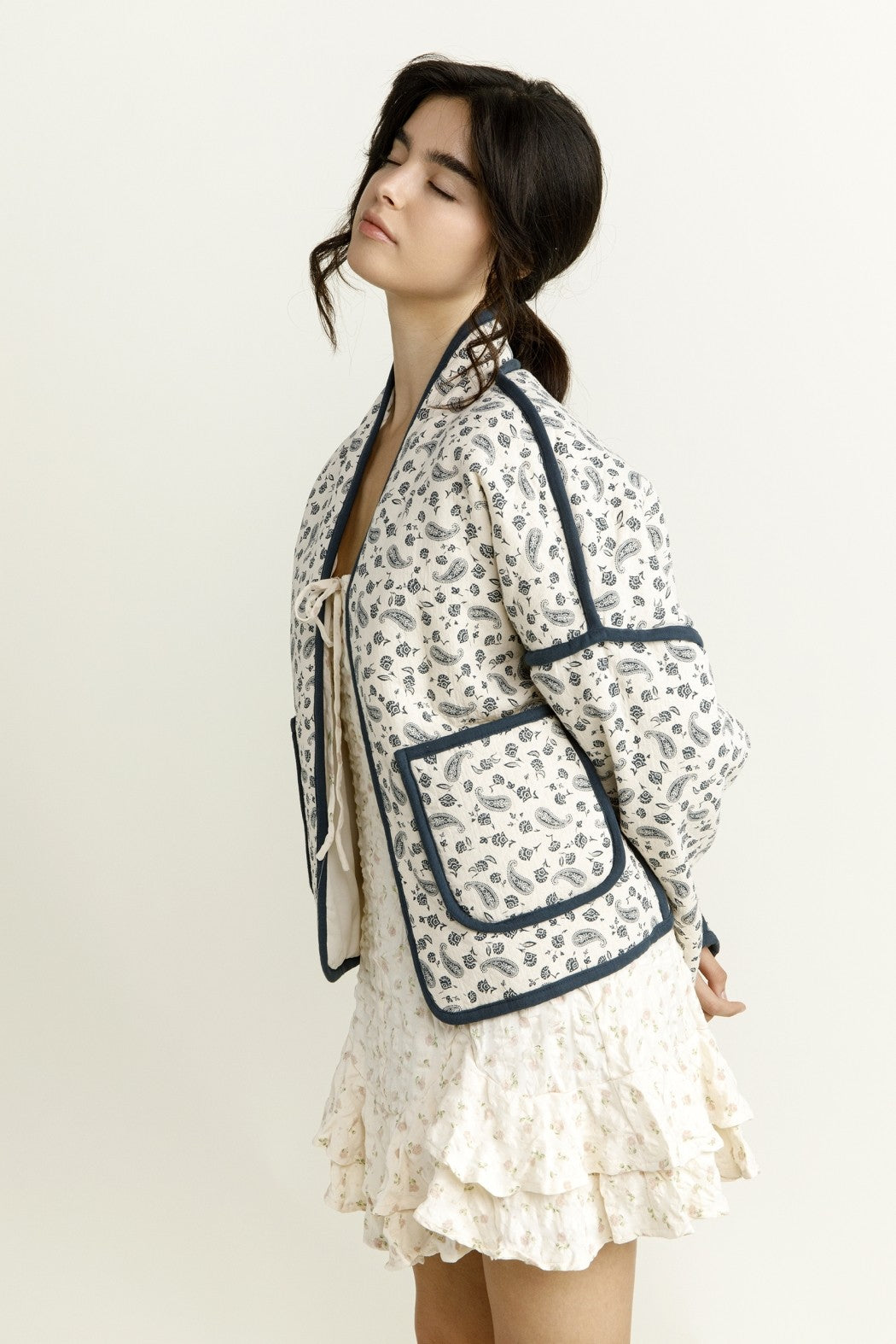 Floral Quilted Pockets Jacket White Blue, Jacket by Storia | LIT Boutique