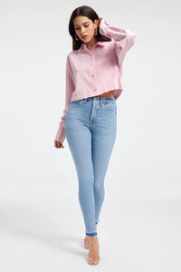 Thumbnail for Oxford Cropped Button Down Shirt Rose Quartz, Long Tee by Good American | LIT Boutique