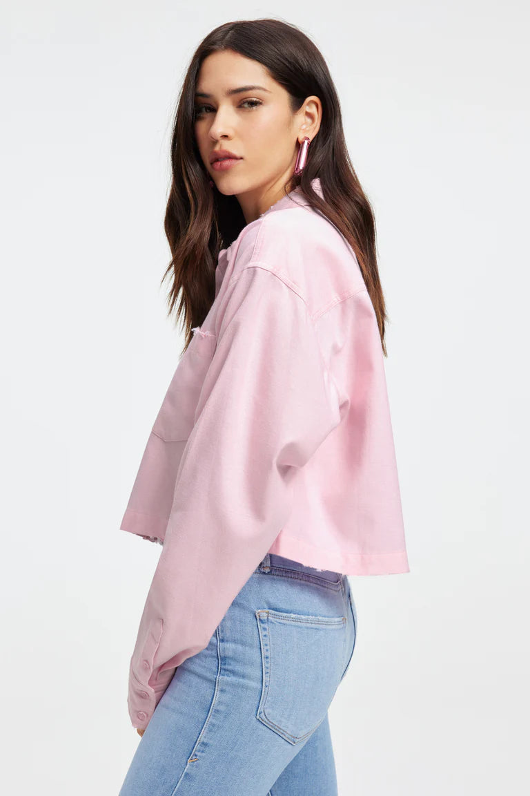 Oxford Cropped Button Down Shirt Rose Quartz, Long Tee by Good American | LIT Boutique