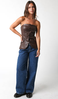 Thumbnail for Flared Button Leather Top Brown, Short Blouse by Olivaceous | LIT Boutique