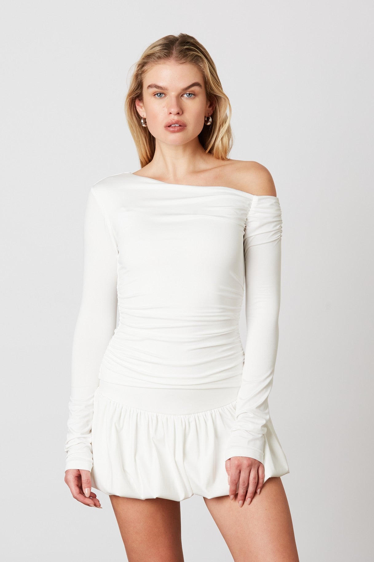 One Shoulder Draped Top White, Long Blouse by Cotton Candy | LIT Boutique