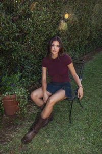 Thumbnail for Laureni Cable Knit Short Sleeve Baby Tee - Black Cherry, Sweater by Refine | LIT Boutique