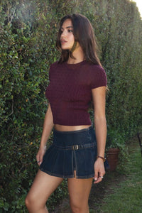Thumbnail for Laureni Cable Knit Short Sleeve Baby Tee - Black Cherry, Sweater by Refine | LIT Boutique