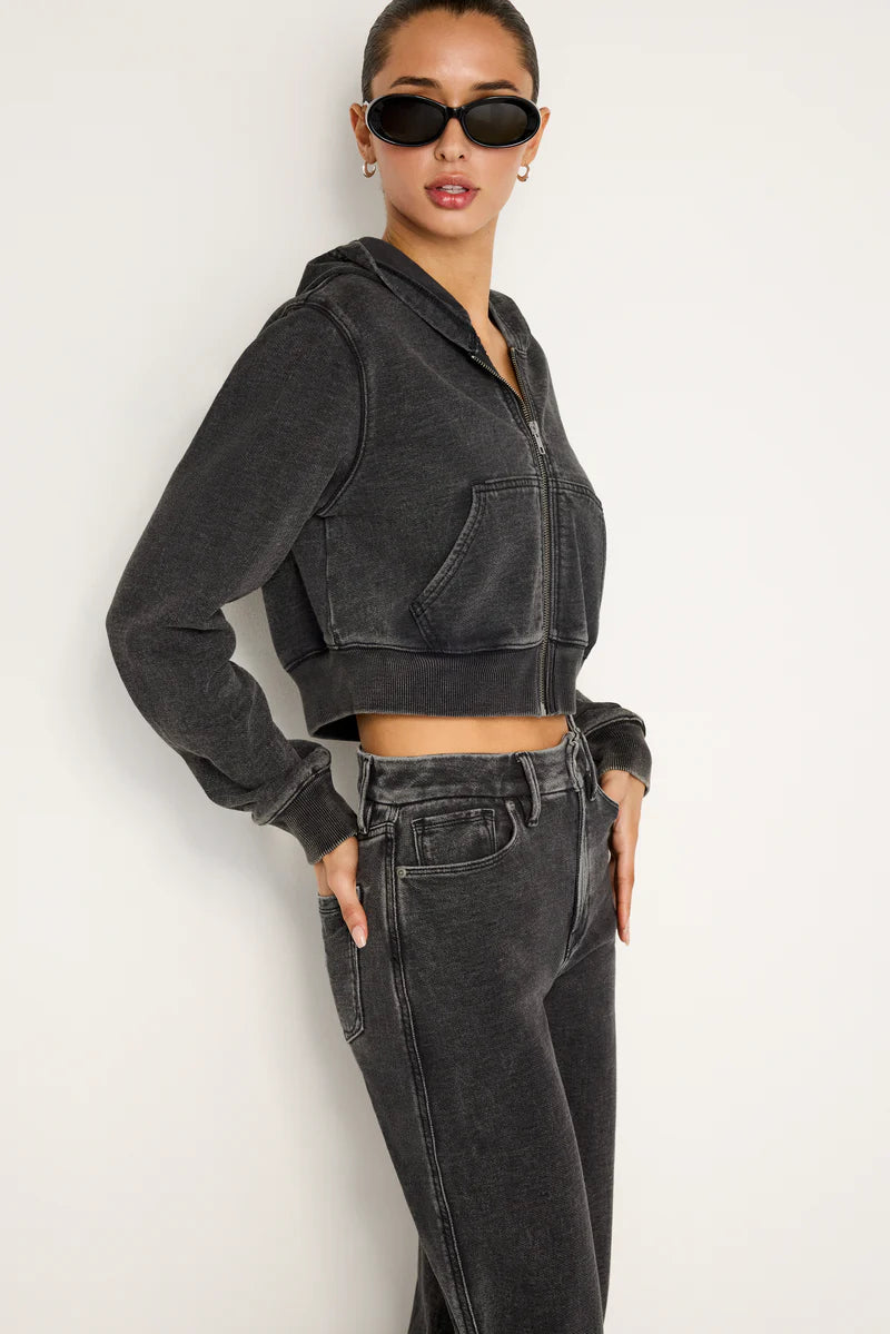 Jeanius Shrunken Zip Hoodie Black, Jacket by Good American | LIT Boutique