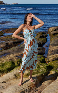 Thumbnail for Tiki Sundress Blue Tropical, Midi Dress by Mink Pink | LIT Boutique