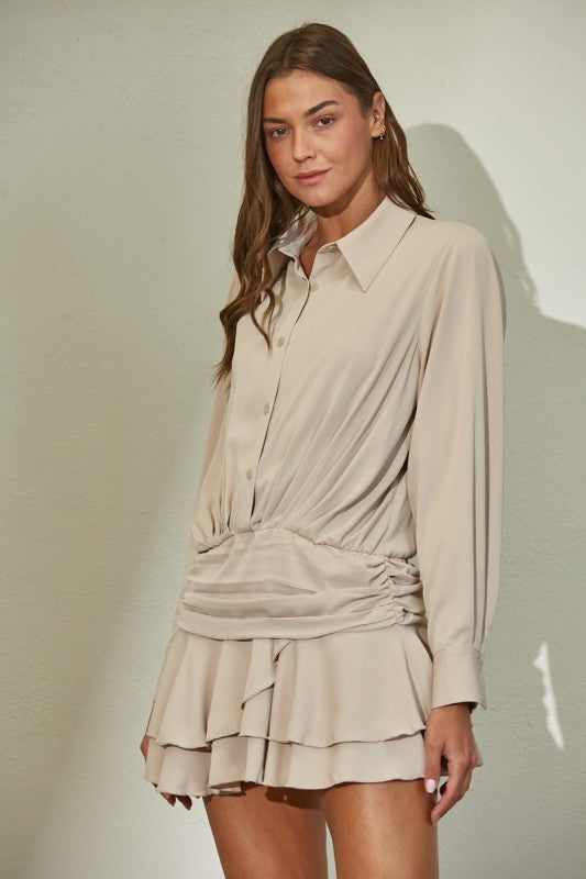 Tiered Ruffle Hem Flowy Woven Shirt Dress Beige, Mini Dress by Edit By Nine | LIT Boutique