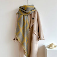 Thumbnail for Checkered Circle Yarn Scarf - Winter Long Wrap  GREY/ YELLOW /,  by Refine | LIT Boutique