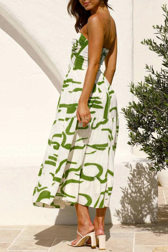 Abstract Twist Front Strapless Maxi Dress Green Multi, Maxi Dress by Rosa Clothing | LIT Boutique