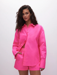 Thumbnail for Coated Poplin Weekend Shirt Pink, Long Blouse by Good American | LIT Boutique