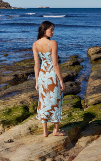 Thumbnail for Tiki Sundress Blue Tropical, Midi Dress by Mink Pink | LIT Boutique