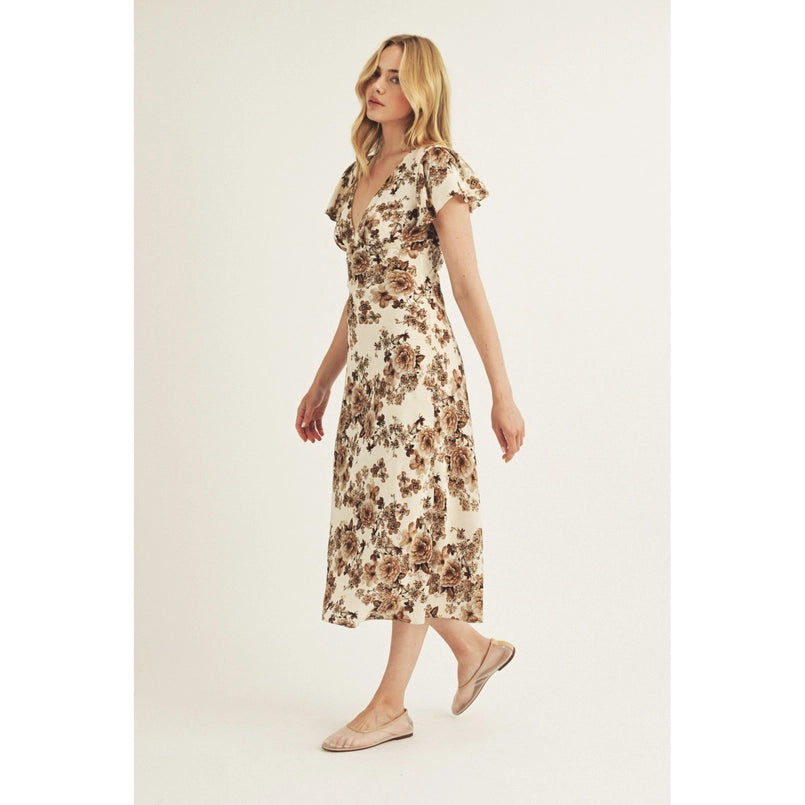 Florals on Florals Midi Dress Brown White, Midi Dress by Storia | LIT Boutique