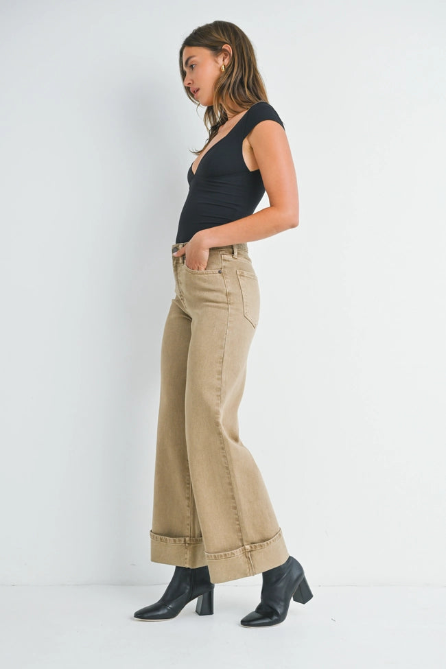 Dk Khaki Cuffed Palazzo, Pant Bottom by Just Black | LIT Boutique