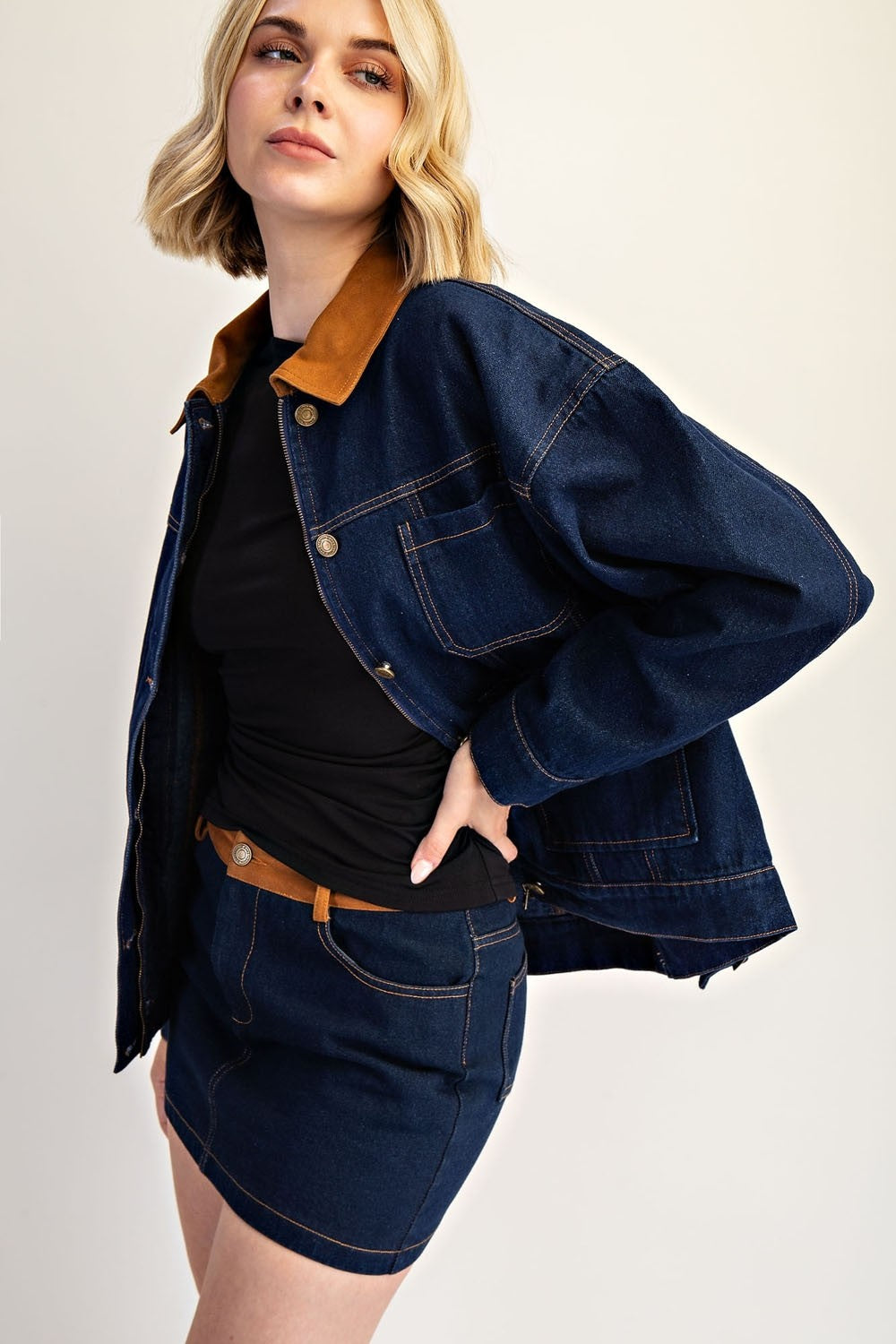 Relaxed Denim Jacket With Contrast Collar, Jacket by Edit By Nine | LIT Boutique