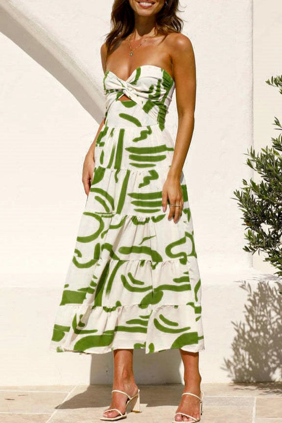 Abstract Twist Front Strapless Maxi Dress Green Multi, Maxi Dress by Rosa Clothing | LIT Boutique