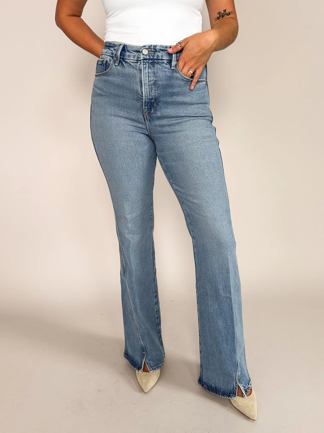 Good Curve Boot w/ Twisted Outseam and Mini Slit Jeans Indigo, Bootcut Denim by Good American | LIT Boutique