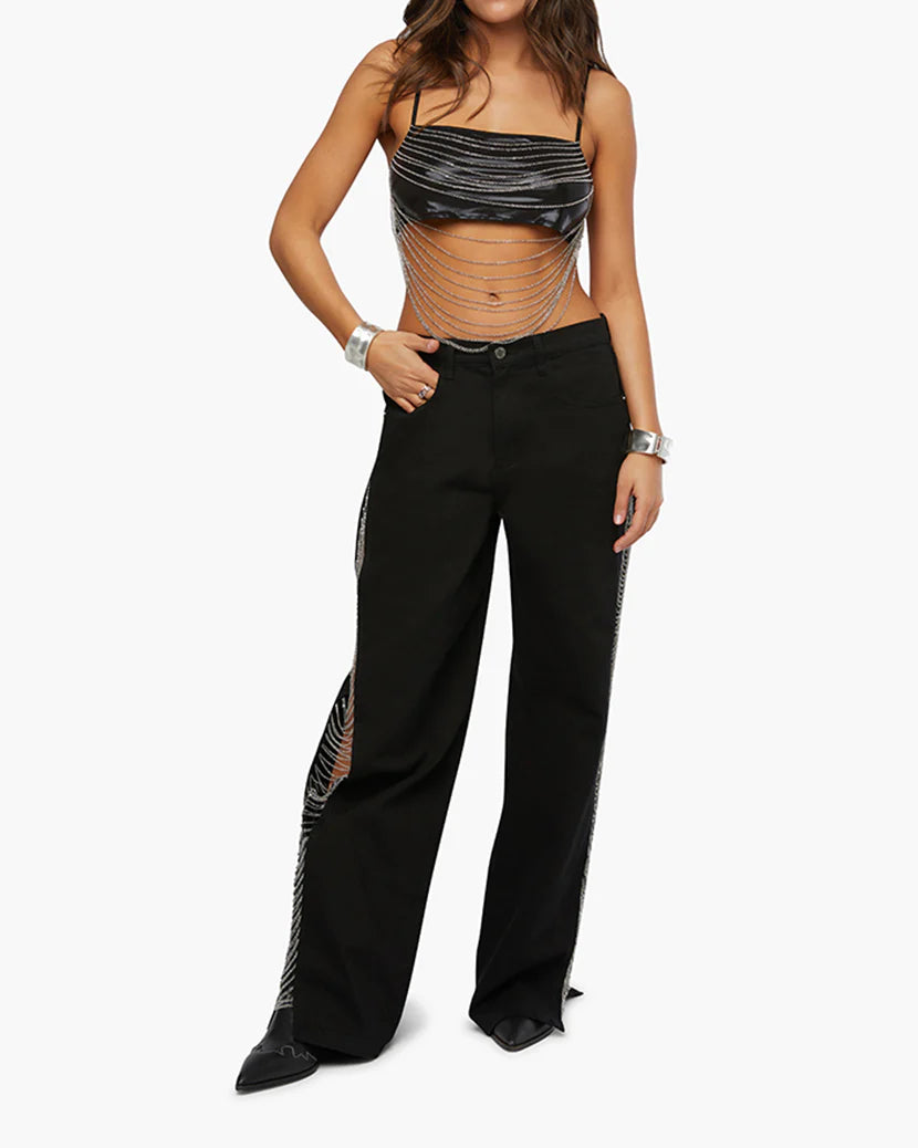 Chain Slit Wide Leg Pant Black, Pant Bottom by We Wore What | LIT Boutique