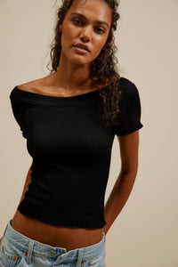 Thumbnail for Ribbed SMLS Off Shoulder Top Black, Short Tee by Free People | LIT Boutique