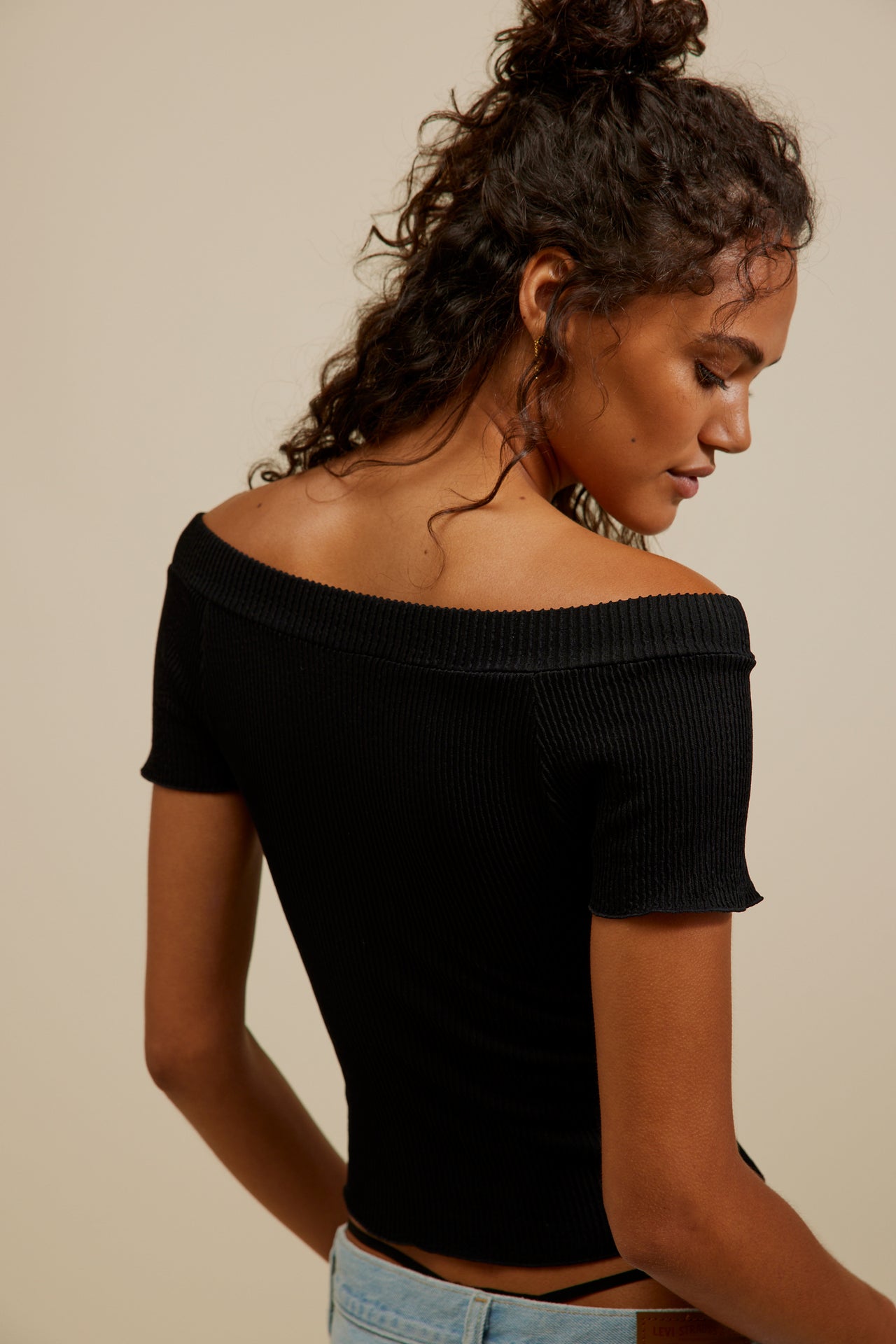 Ribbed SMLS Off Shoulder Top Black, Short Tee by Free People | LIT Boutique