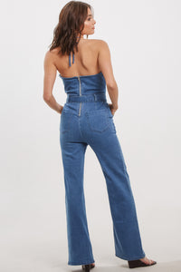 Thumbnail for Belted Flare Denim Jumpsuit Indigo, Jumpsuit by Blue Blush | LIT Boutique