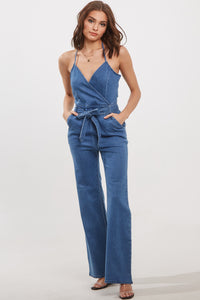 Thumbnail for Belted Flare Denim Jumpsuit Indigo, Jumpsuit by Blue Blush | LIT Boutique