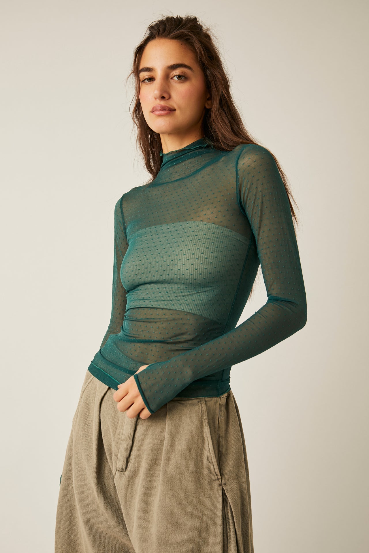 On The Dot Layering Top Evergreen, Long Blouse by Free People | LIT Boutique