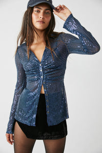 Thumbnail for Sequin Shirtee Varsity Navy, Long Blouse by Free People | LIT Boutique