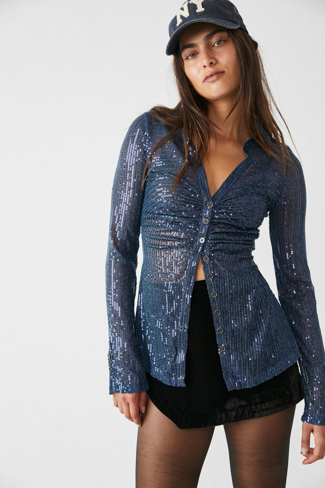 Sequin Shirtee Varsity Navy, Long Blouse by Free People | LIT Boutique