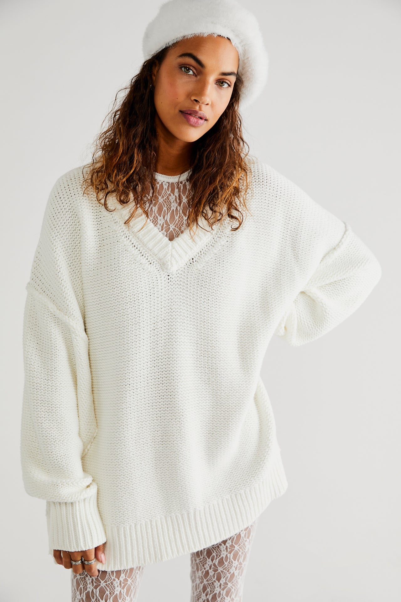 Alli V Neck Optic White, Sweater by Free People | LIT Boutique