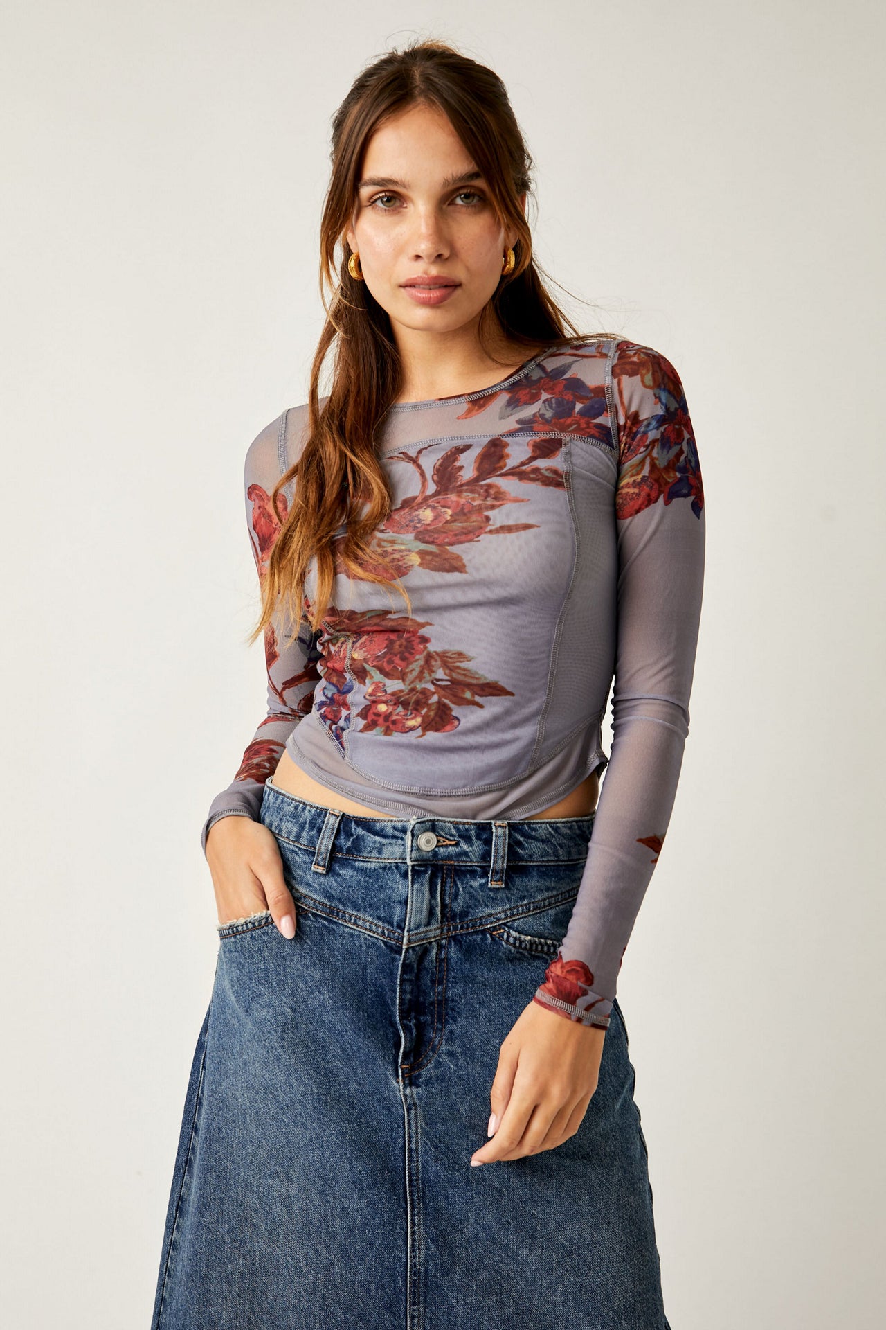 Bettys Garden Top Blue, Long Blouse by Free People | LIT Boutique