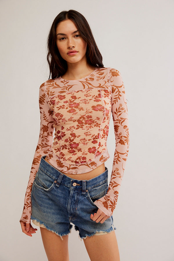 Bettys Garden Top Coral Combo, Long Blouse by Free People | LIT Boutique