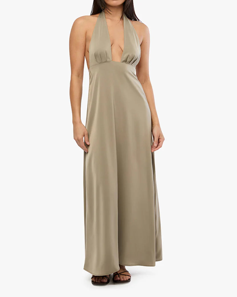 Halter Deep V Maxi Plaza Taupe, Maxi Dress by We Wore What | LIT Boutique