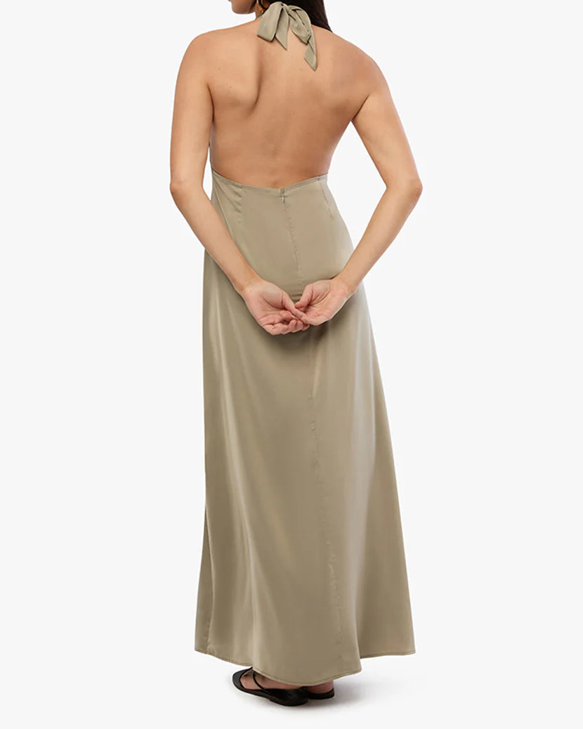 Halter Deep V Maxi Plaza Taupe, Maxi Dress by We Wore What | LIT Boutique