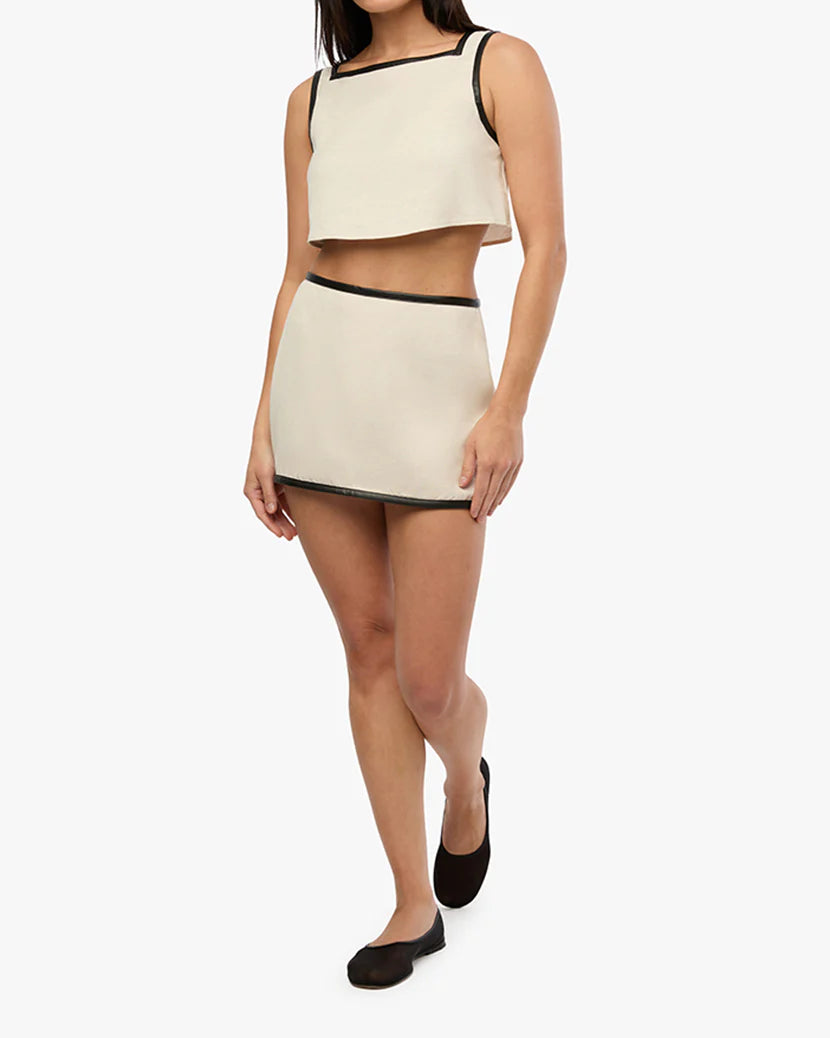 Leather Trim Cropped Top Ivory Black