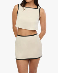 Thumbnail for Leather Trim Cropped Top Ivory Black